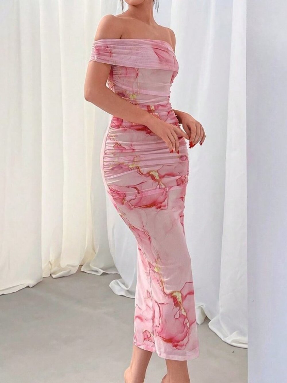 Pink Boho Women's Valentine's Day Floral Print Off-Shoulder Mesh Maxi Dress - Picture 2 of 5